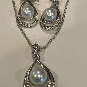 Simulated-pearl Crystal Water Drop Necklace and Ea